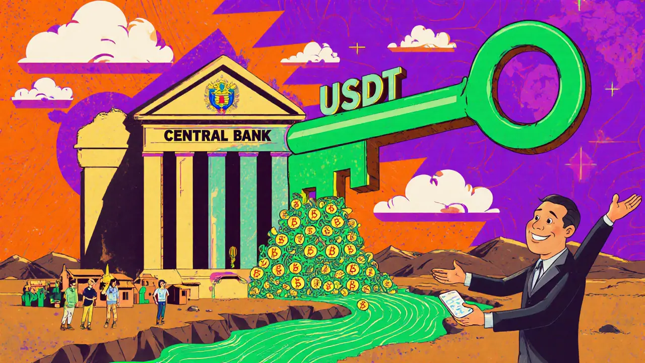 Banque centrale bolivienne libérant des cryptomonnaies vers des villages andins, en style géométrique coloré et rétro.