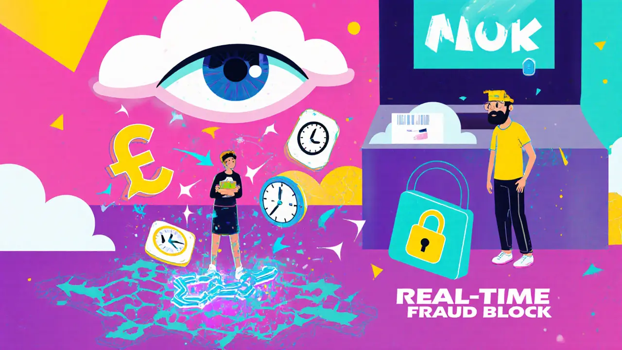 Banque en ligne avec IA bloquant une fraude en temps réel, entourée de symboles de transaction géométriques.