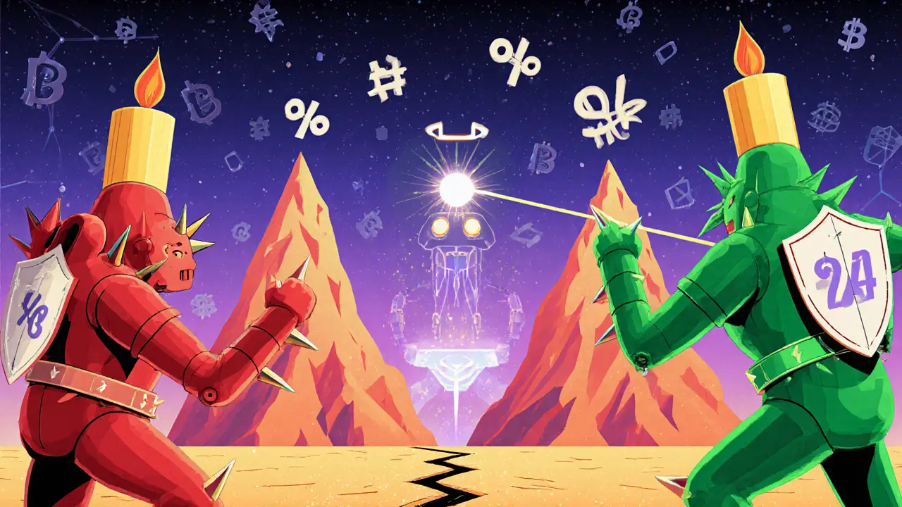 Bataille de chandeliers géants dans un marché abstrait, avec un double sommet et un robot AI projetant des probabilités en formes géométriques.