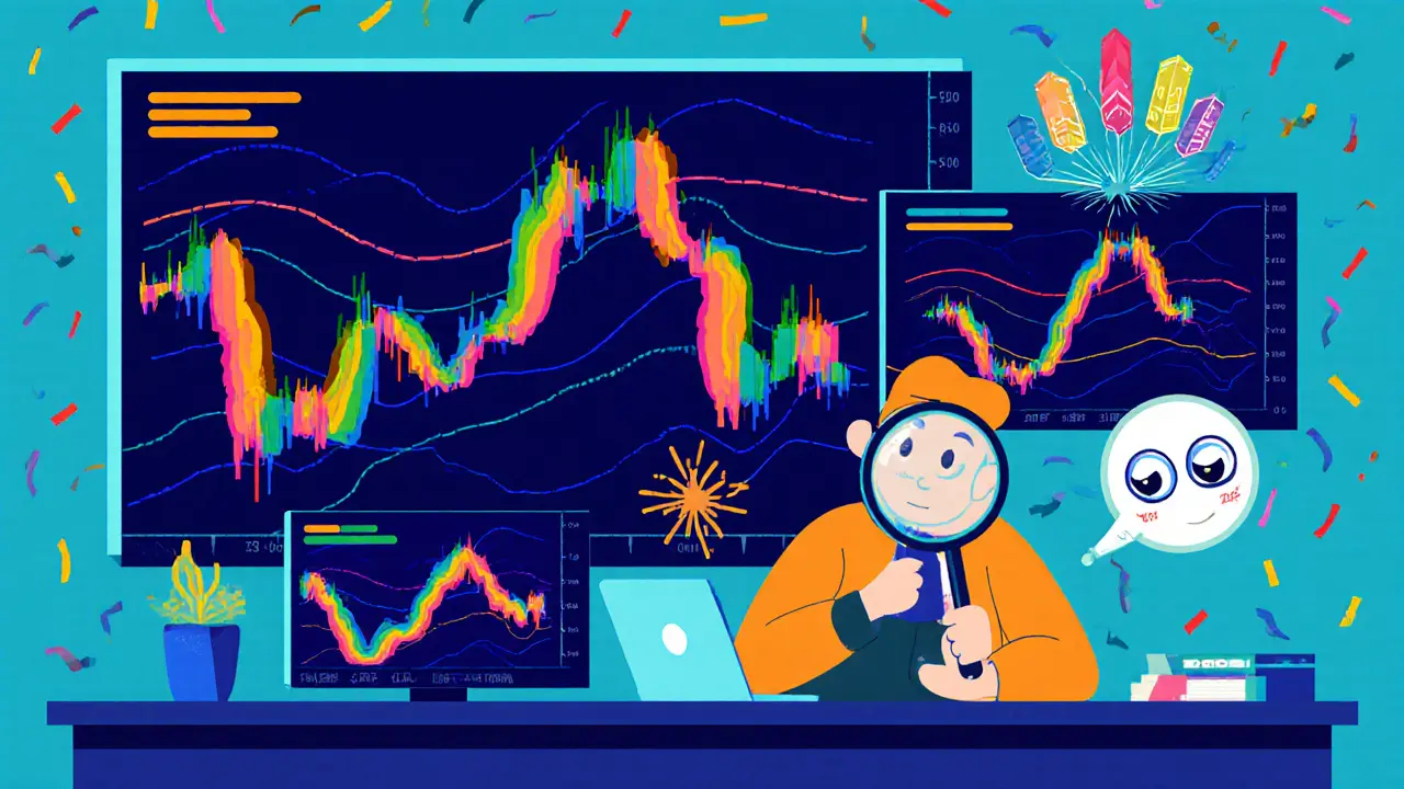 Bureau de trading avec trois échéances superposées, illustré en style Memphis, avec des lignes de support et de résistance en arc-en-ciel.
