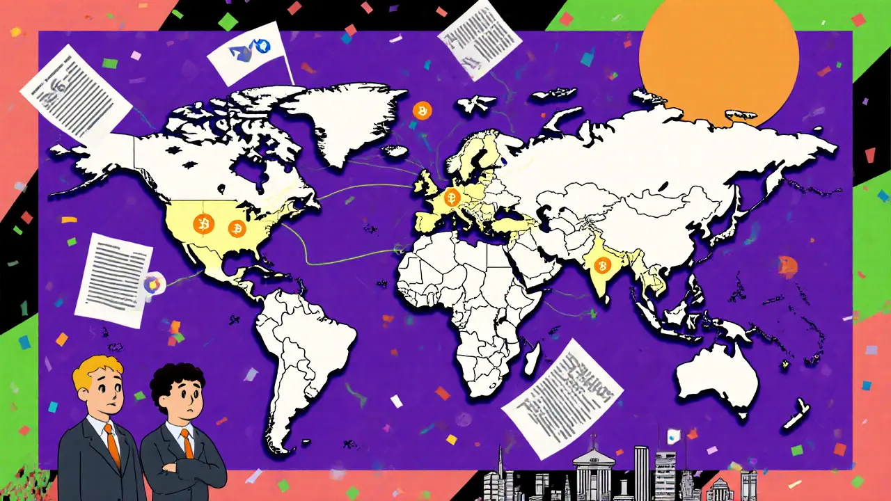 Carte mondiale connectée par des lignes crypto, reliant les banques américaines aux autres pays avec des symboles lumineux.