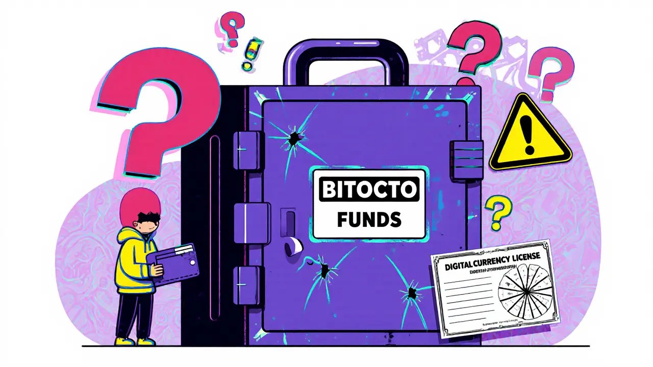 Coffre-fort verrouillé sans clé pour les fonds Bitocto, entouré de signes d&#039;avertissement.