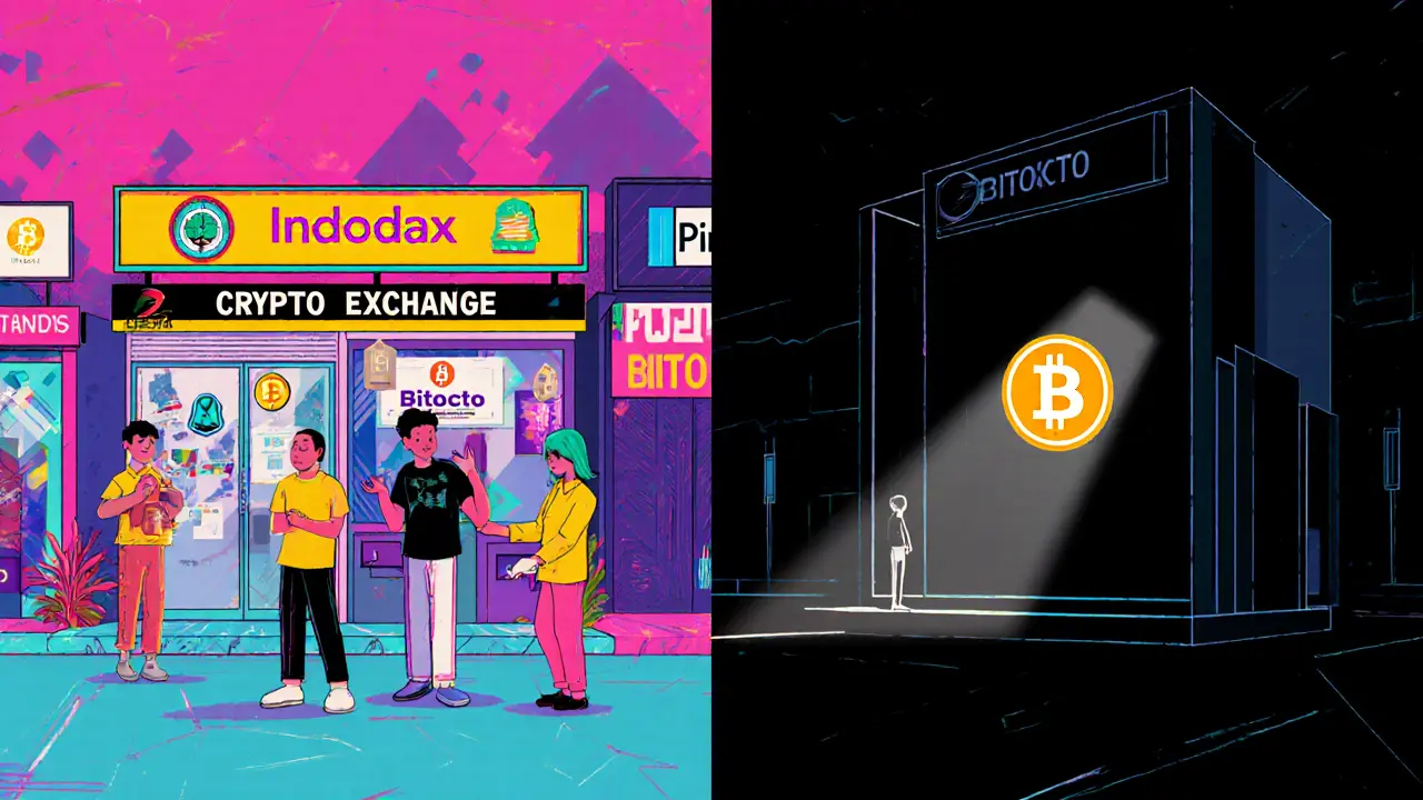 Comparaison entre des échanges crypto transparents et Bitocto silencieux en style Memphis.