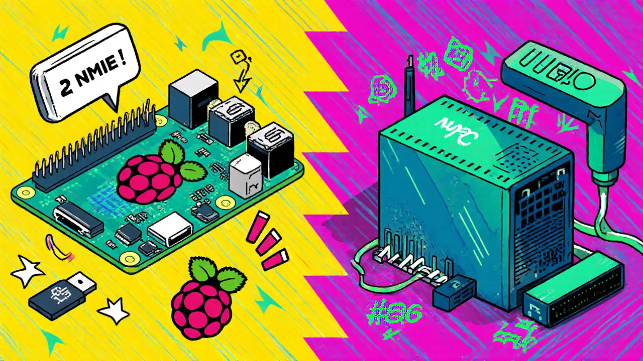 Comparaison entre un Raspberry Pi dépassé et un serveur moderne pour le staking, en style Memphis coloré.