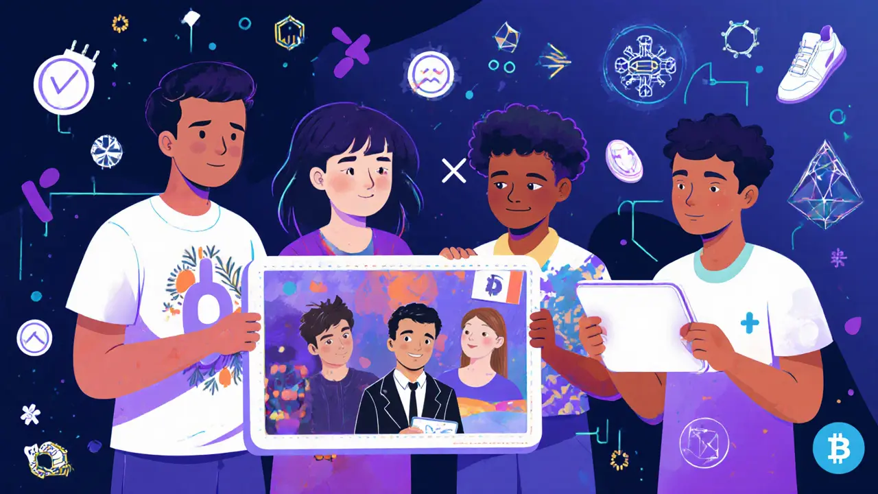 Des créateurs du monde entier génèrent des NFT personnalisés via l&#039;IA, entourés de formes géométriques colorées et de badges numériques.