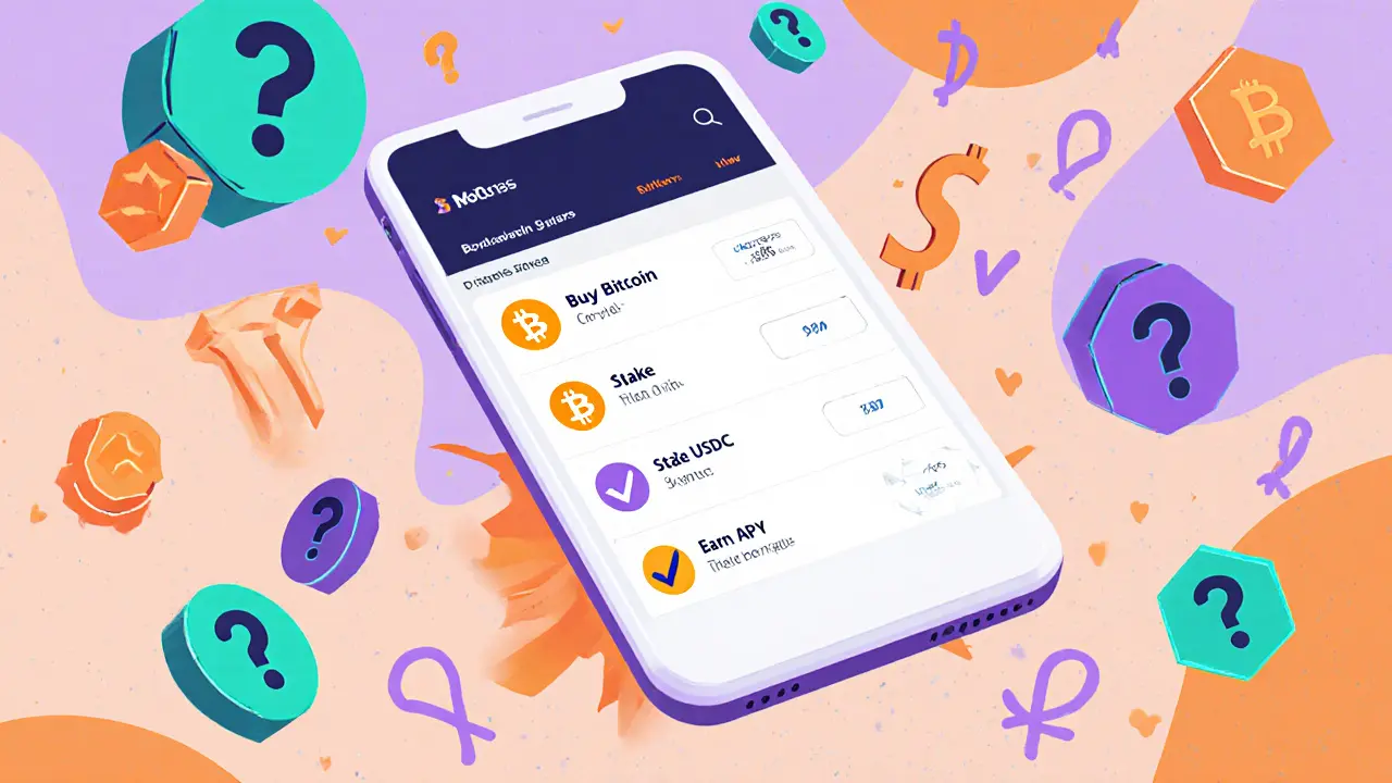 Écran de téléphone bancaire affichant des options crypto avec des formes géométriques flottantes et des symboles de cryptomonnaies.
