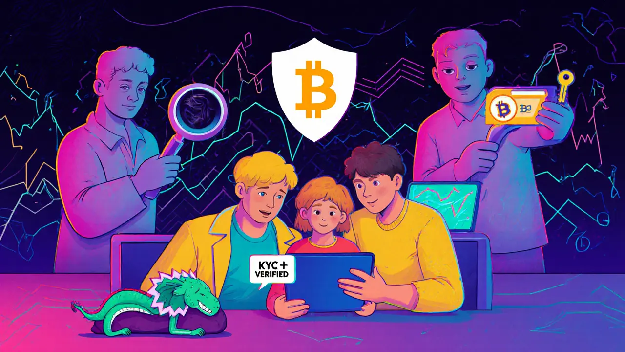 Famille achetant des cryptos vérifiées, entourée de systèmes de sécurité et de traçabilité.