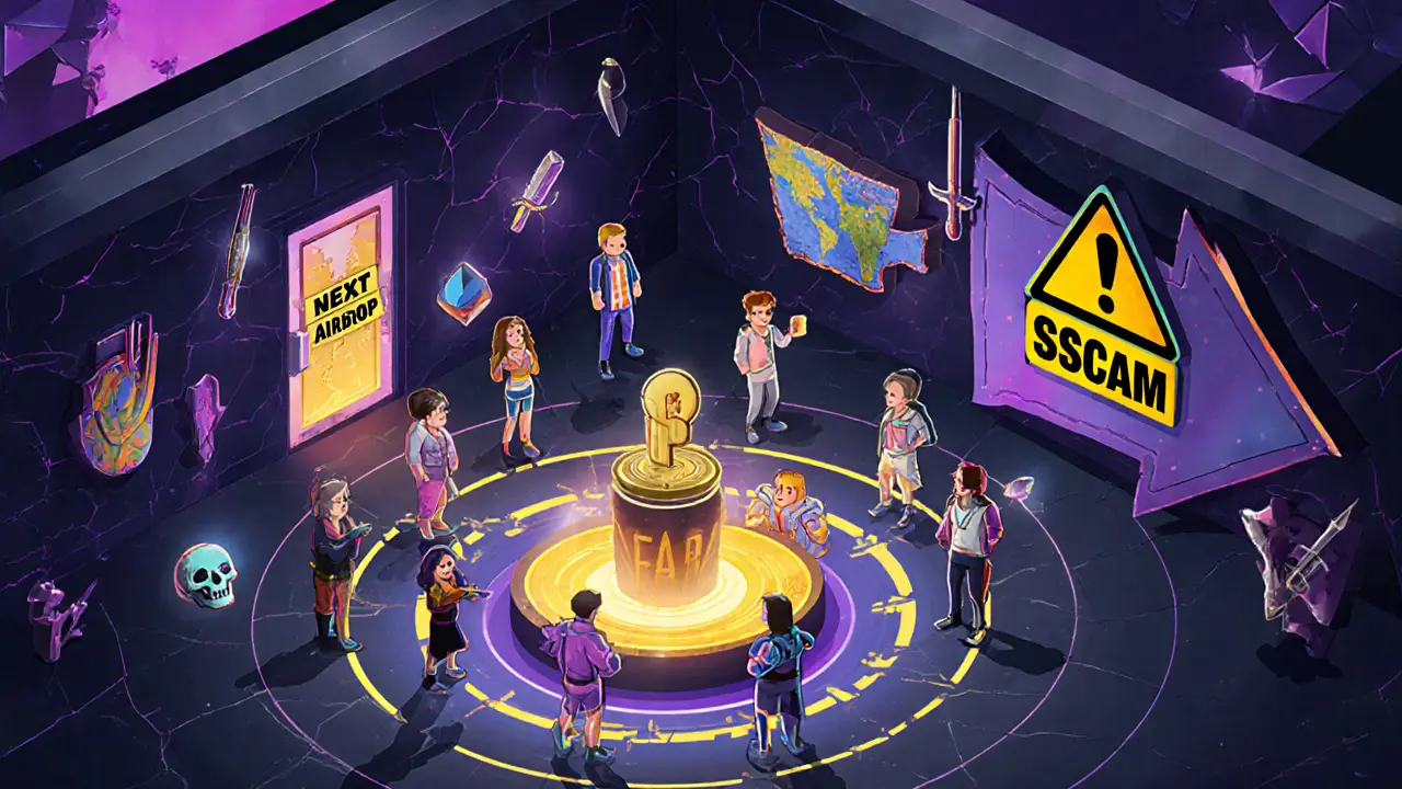 Guildes de joueurs autour d&#039;un altar FARA dans une salle futuriste au style géométrique vif.