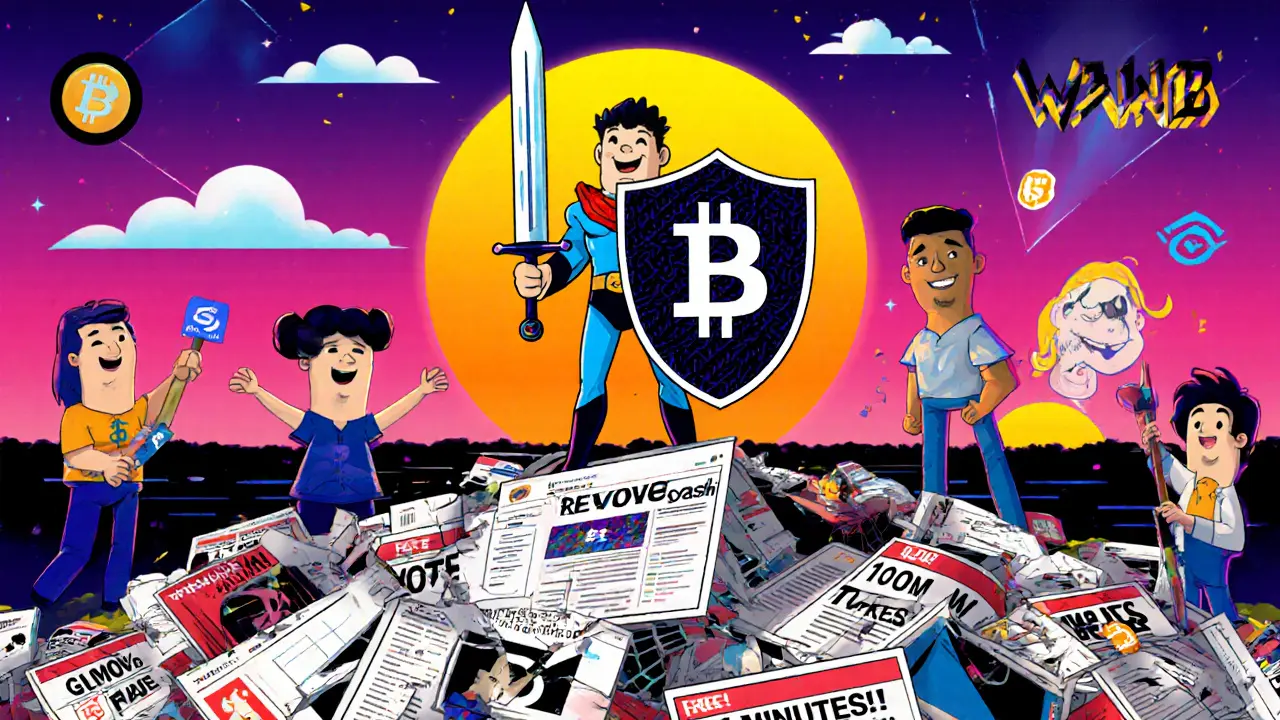 Héros crypto détruisant des arnaques d&#039;airdrop avec un bouclier blockchain en style Memphis Design.