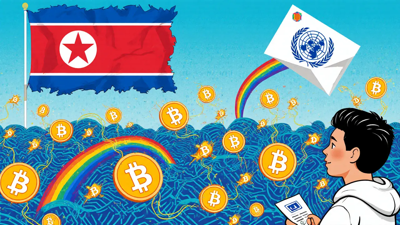 Inondation de cryptomonnaies sautant entre des ponts géométriques, avec un email de phishing en arrière-plan.