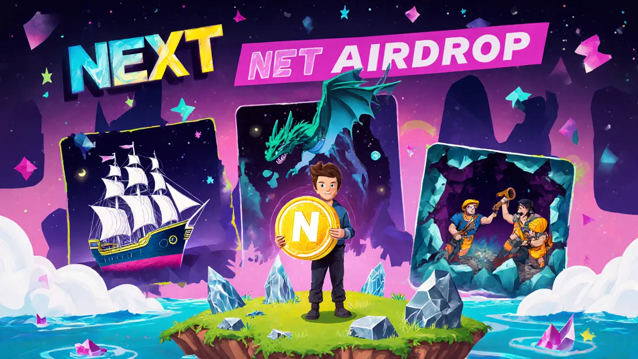 Interface de jeu futuriste avec NBOX Token et silhouettes des prochains jeux : Pirates Spatiaux, Dragon Quest et Minage Collectif.