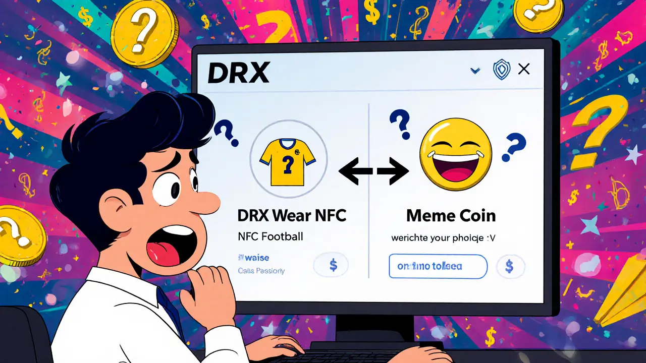 Investisseur confus face à deux jetons DRX différents sur un écran, l&#039;un lié au sport, l&#039;autre un meme.