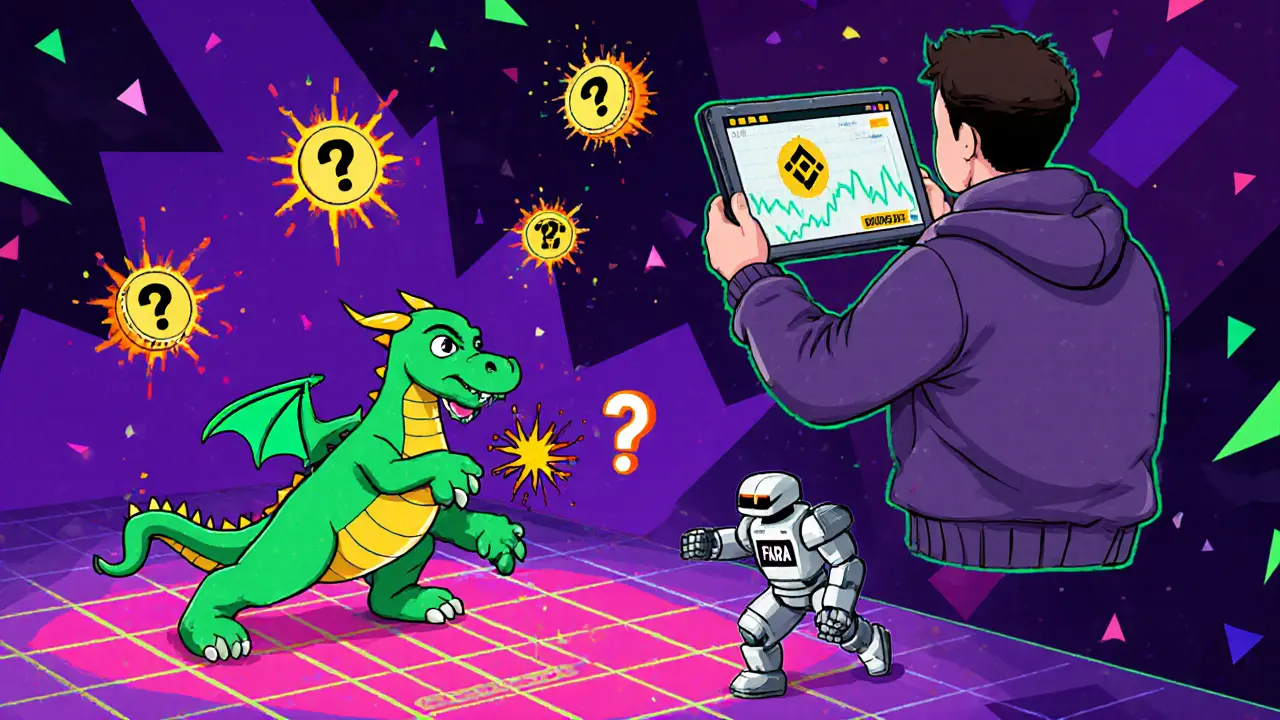 Joueur regardant une diffusion en direct Binance, entouré de jetons FARA et d&#039;un NFT dragon en combat.