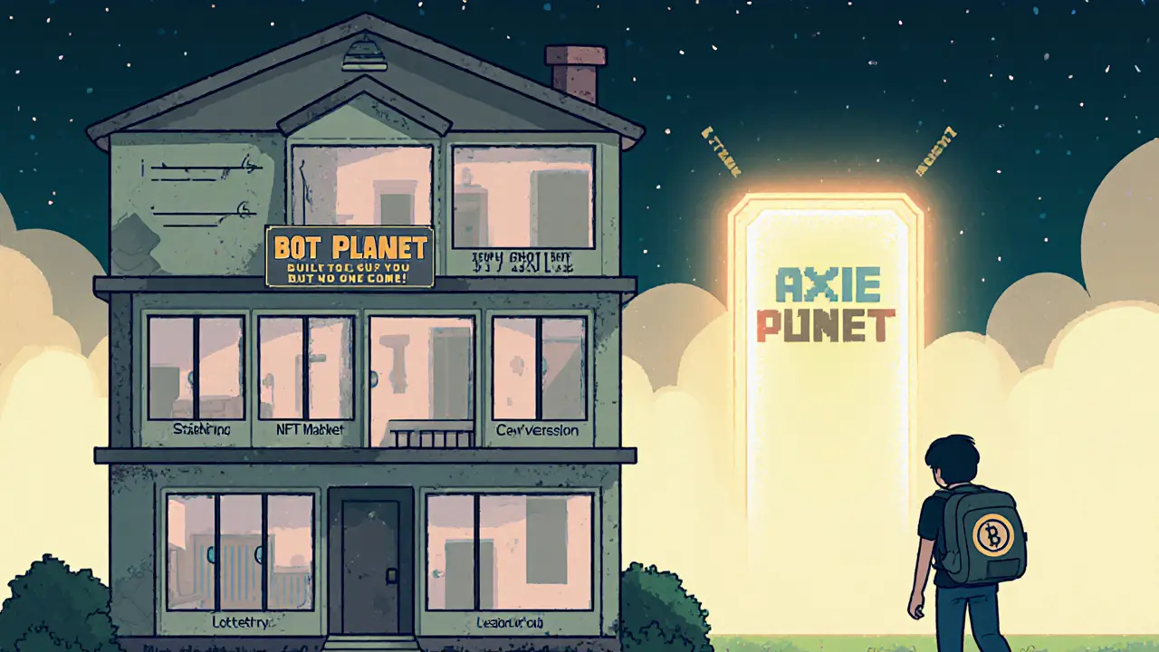 Maison vide avec sept pièces fermées, une personne partant vers un autre projet, Bot Planet s&#039;effaçant en arrière-plan.