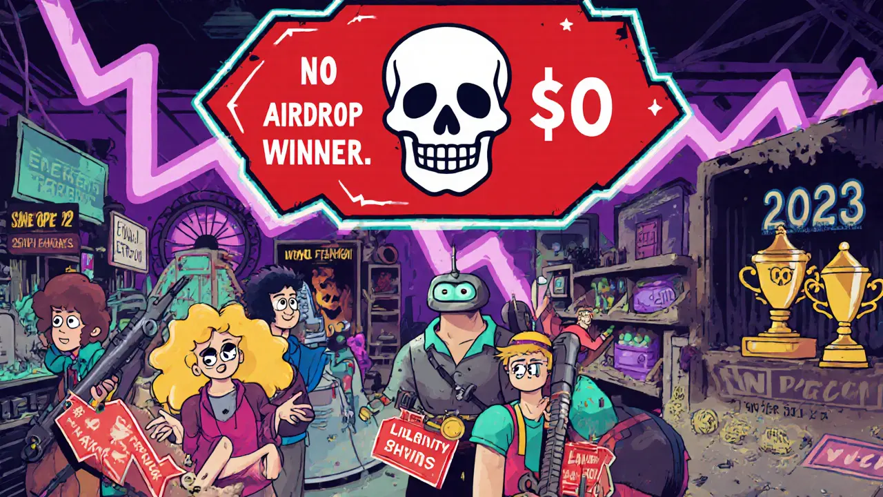 Marché NFT vide avec des prix à zéro, un robot vendeur et un signal d&#039;avertissement rouge en style Memphis.