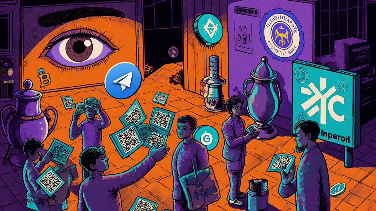 Marché noir de crypto en Russie : des gens échangent des QR codes en cachette, surveillés par un œil géant de la Banque de Russie.