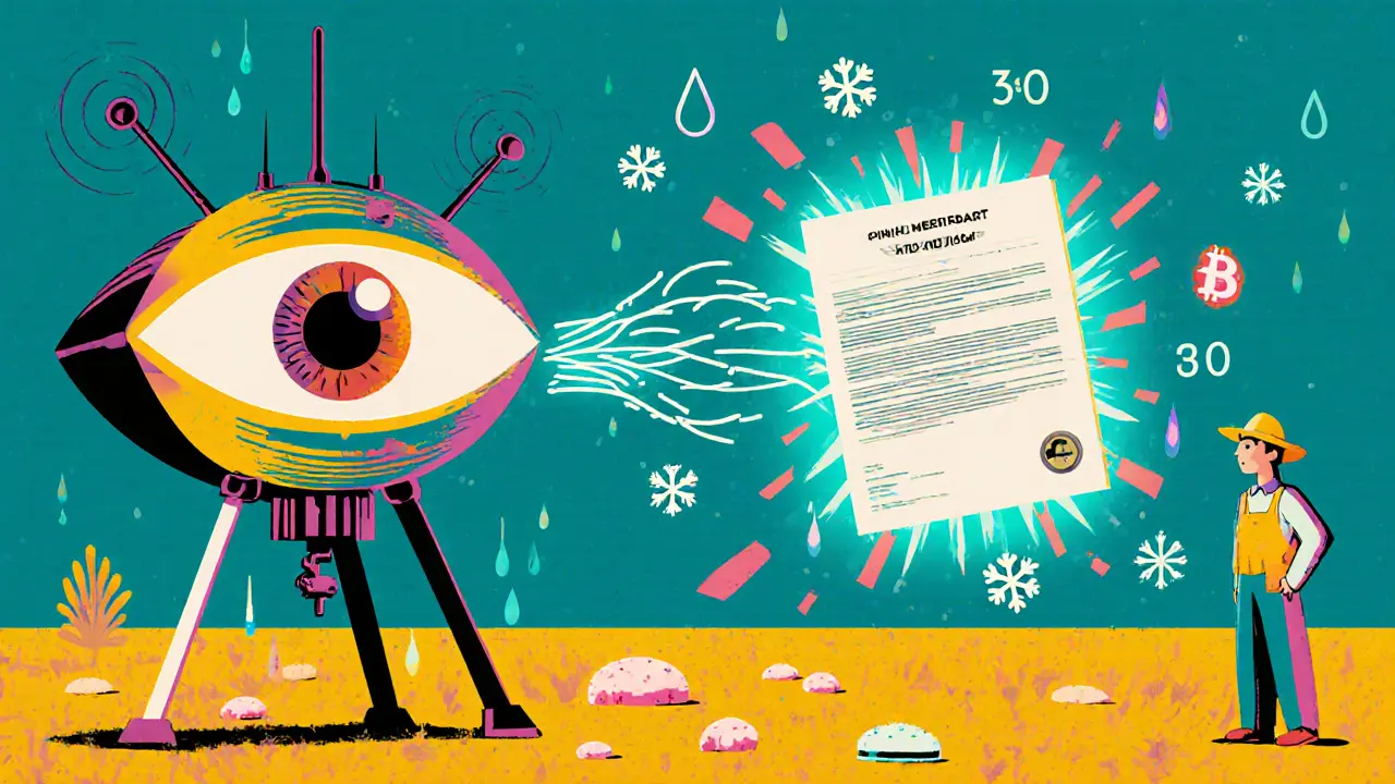 Oracle défaillant qui envoie des données erronées à un contrat intelligent, un agriculteur regarde un paiement bloqué.