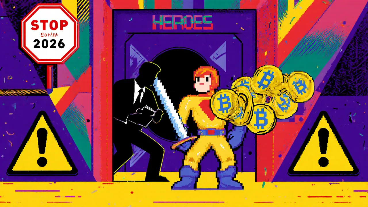 Personnage de jeu vidéo portant des jetons HEROES face à une porte temporelle, avec une menace d&#039;arnaque en arrière-plan.