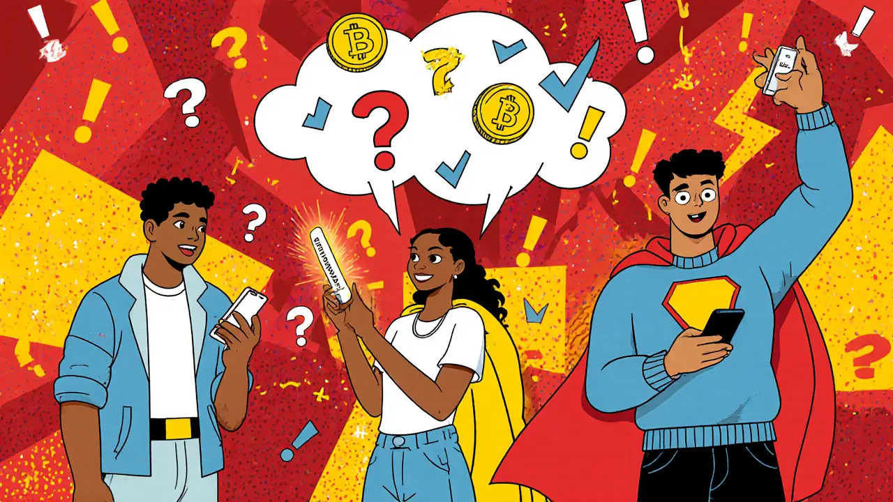 Personnages stylisés célébrant la réception de jetons HEROES en invitant un ami, dans un style Memphis vif et ludique.