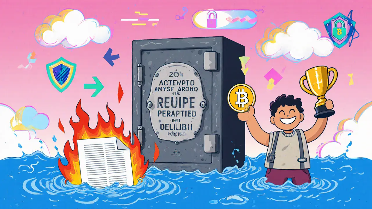 Plaque métallique gravée sauvegardée en sécurité tandis qu&#039;un papier brûle dans l&#039;eau