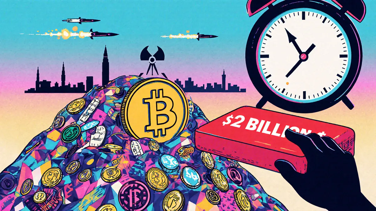 Portefeuille Bitcoin caché sous des couches de transactions, avec un bouton &#039;2 milliards $&#039; et des missiles en arrière-plan.