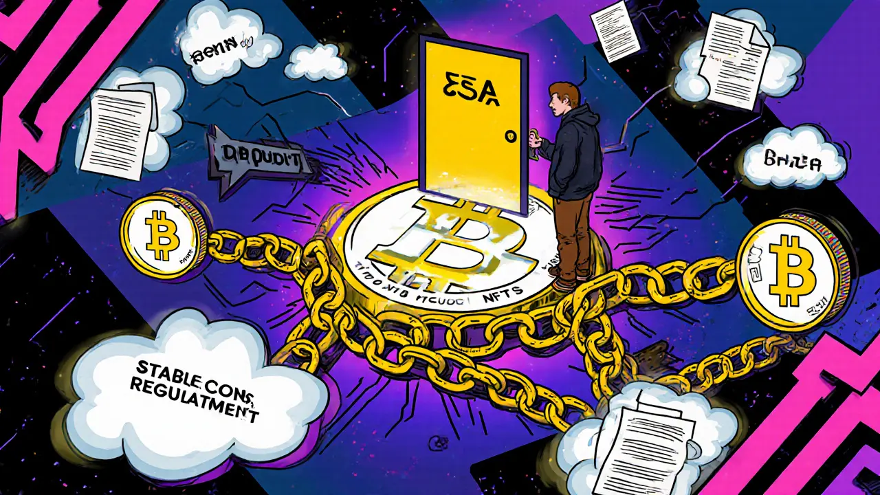 Réseau blockchain enchaîné par la réglementation CSA, avec un entrepreneur face à une porte &#039;APPROUVÉE&#039;, en style Memphis.