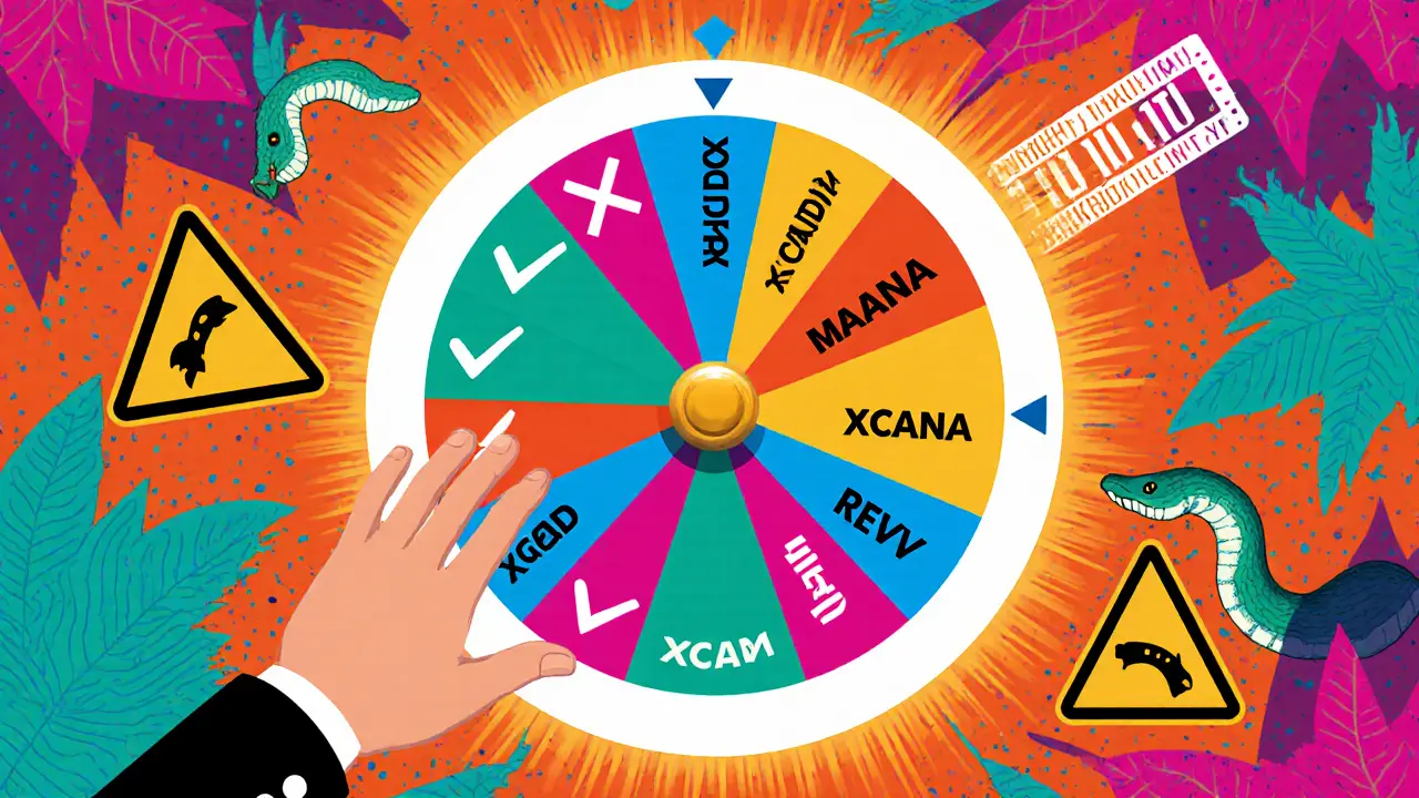 Roulette crypto avec XCAD comme pari risqué, comparé à MANA et REVV en style graphique vif.