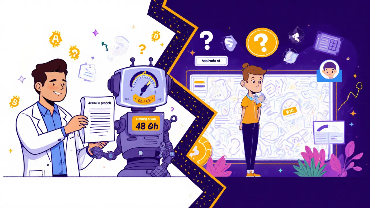 Scène divisée : un développeur liste un token rapidement vs un débutant perdu devant une interface sans guide.