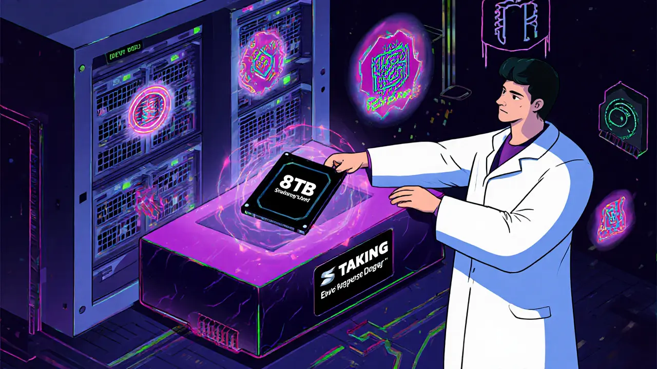 Serveur professionnel pour le staking en 2025 avec UPS, 4G et SSD enterprise, illustré en style Memphis.