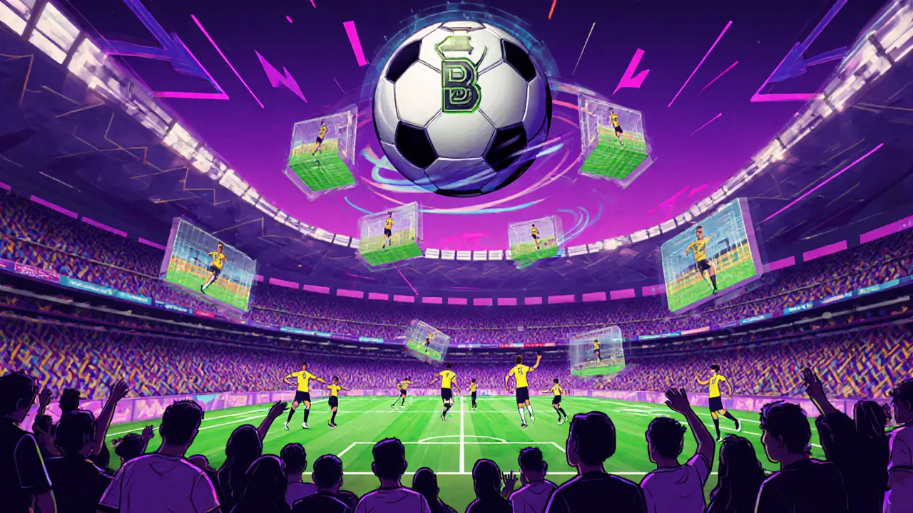 Stade métavers DRX en 2026 avec des fans en maillots NFC et un énorme jeton DRX en forme de ballon.