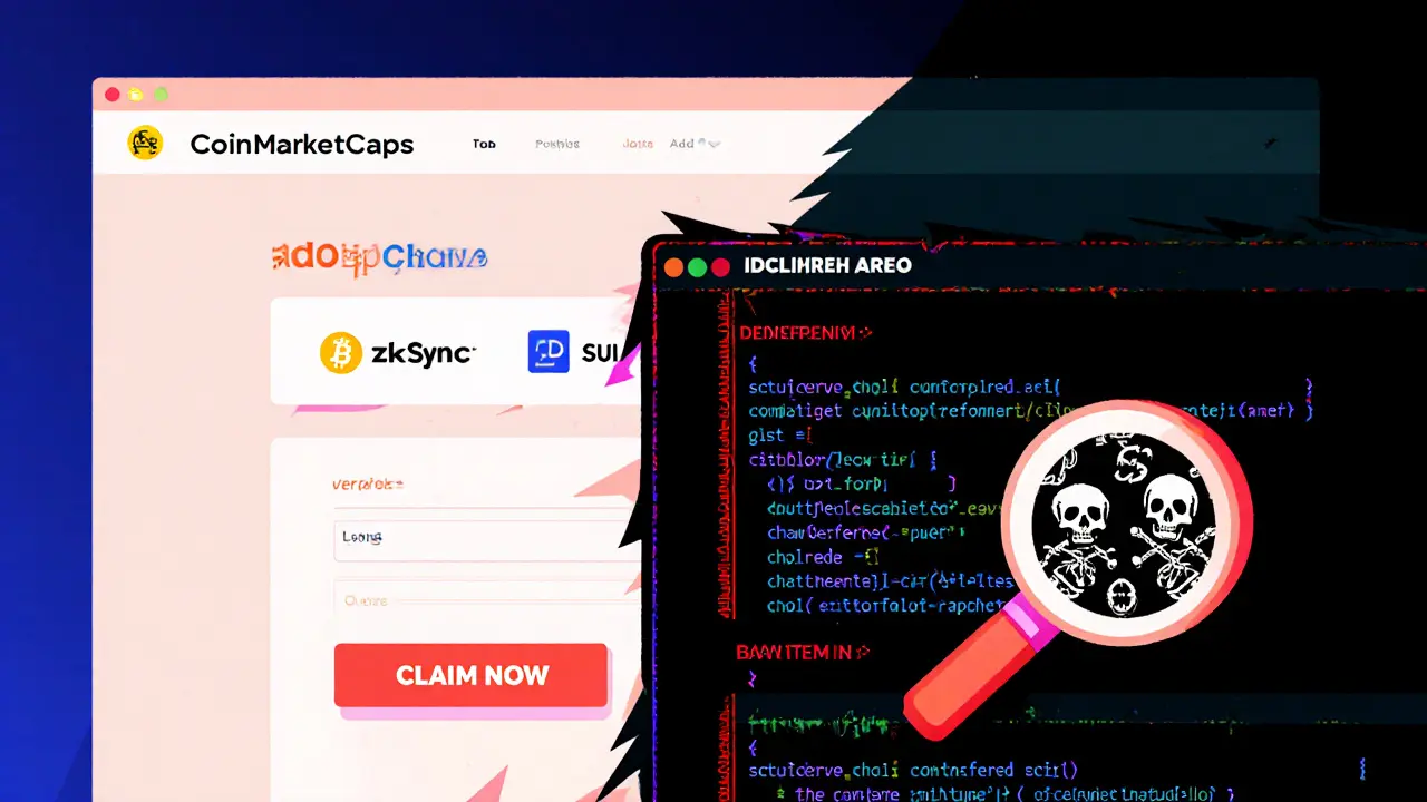 Tableau comparatif entre un site d&#039;airdrop légitime et un site frauduleux en style Memphis Design.