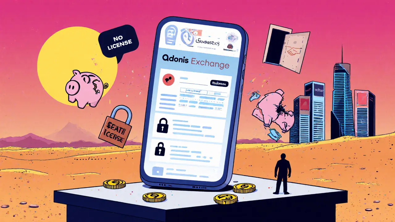 Téléphone sans app crypto affichant Adonis Exchange, entouré de symboles des fonctionnalités manquantes.