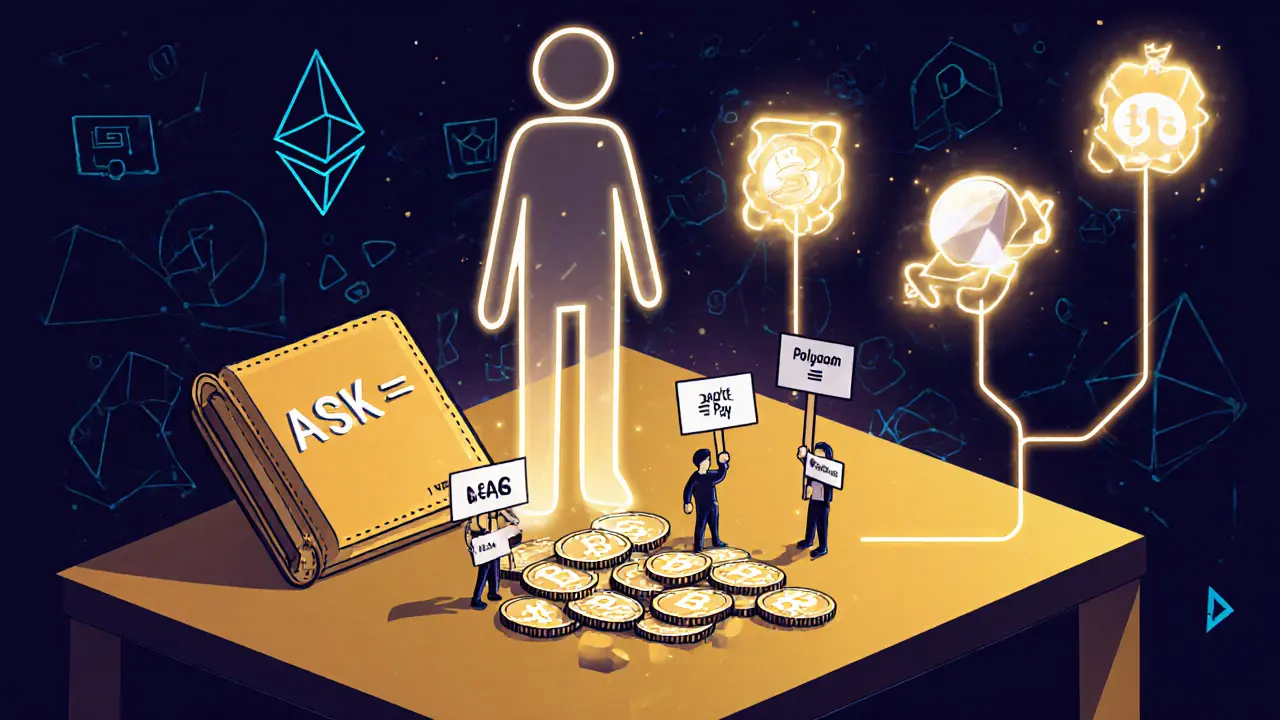 Tokens ASK sortant d&#039;un portefeuille numérique, reliés à des publicités et logos blockchain dans un style géométrique.