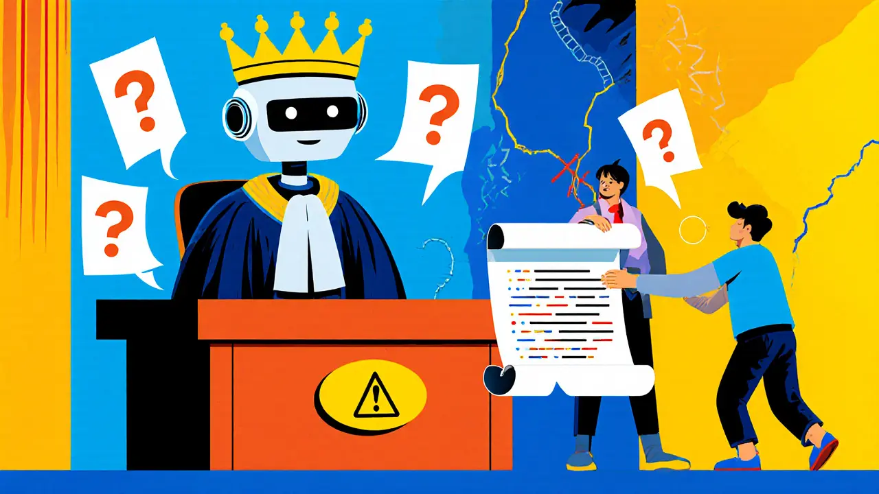 Tribunal futuriste avec un juge robot et un humain perdu face à un code blockchain fissuré.