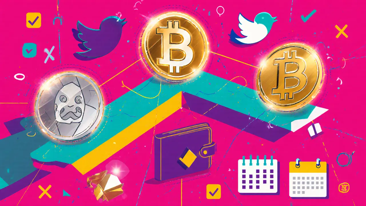 Trois NFT de jeu en style Memphis Design : Bronze, Argent et Or, disposés en zigzag avec des icônes numériques et des dates.