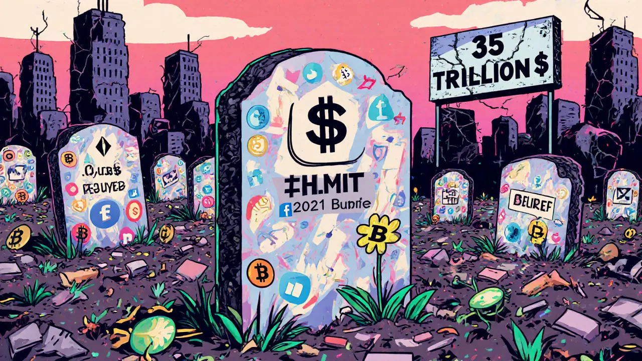Un cimetière de cryptos mortes avec une pierre tombale pour $HMT couverte d&#039;icônes de bots et un signe &#039;35 000 milliards $&#039; fissuré.