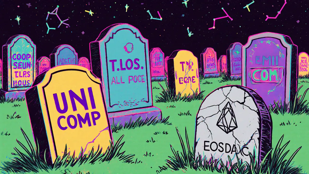 Un cimetière de jetons crypto où EOSDAC est oublié dans un coin, tandis que les autres sont vivants.