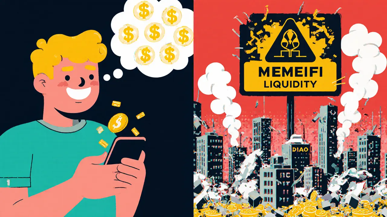 Un joueur heureux à gauche, désespéré à droite, entouré de symboles de risque crypto dans un style Memphis design.