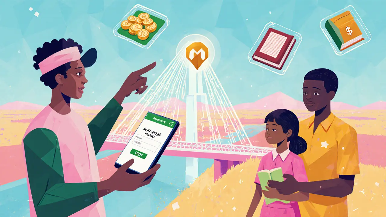 Un migrant envoie de l&#039;argent à sa famille au Nigeria via une application de stablecoin.