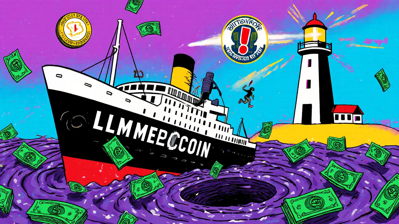 Un navire LLM coule dans une mer de billets, une lumière lointaine indique des alternatives sérieuses.