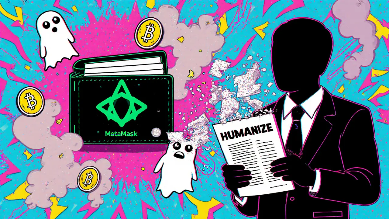 Un portefeuille numérique vide avec des jetons qui se dissolvent en fumée, entouré d&#039;un papier qui se décompose.