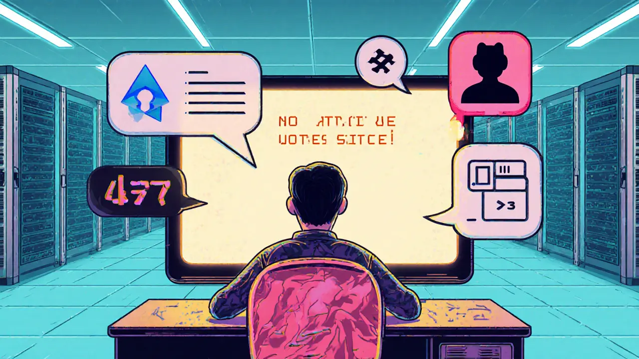 Un utilisateur seul face à un écran affichant 'Aucun vote actif depuis 2021', dans une pièce de serveur vide.