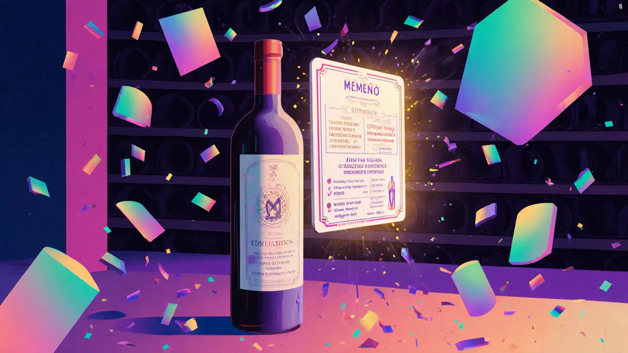 Une carte NFT active un sommelier holographique dans une cave à vin, avec des invitations et des notes de dégustation flottantes.
