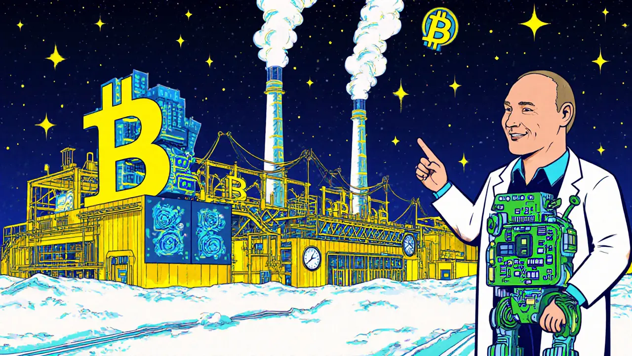 Usine de mining en Sibérie avec des blocs Bitcoin qui s&#039;élèvent comme de la fumée, sous un ciel étoilé, dans un style Memphis vibrants.