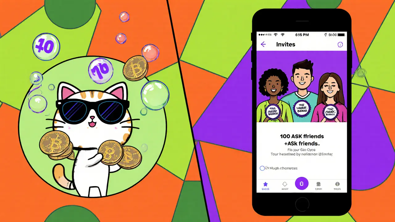 Utilisateur regardant une publicité animée et invitant des amis pour gagner des tokens ASK en bonus.