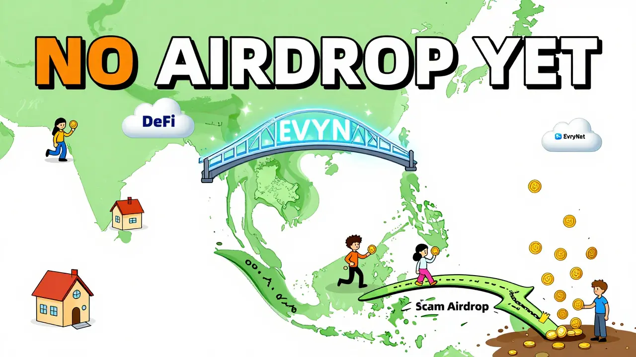 Carte stylisée de l&#039;Asie du Sud-Est avec des personnes recevant des tokens EVRY via un pont DeFi, évitant un chemin d&#039;arnaque.
