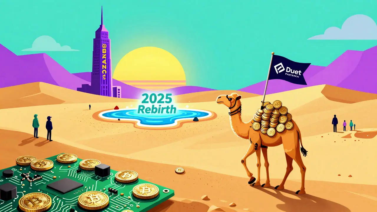 Chameau fait de jetons DUET marchant vers un oasis cryptographique dans un désert de circuits.