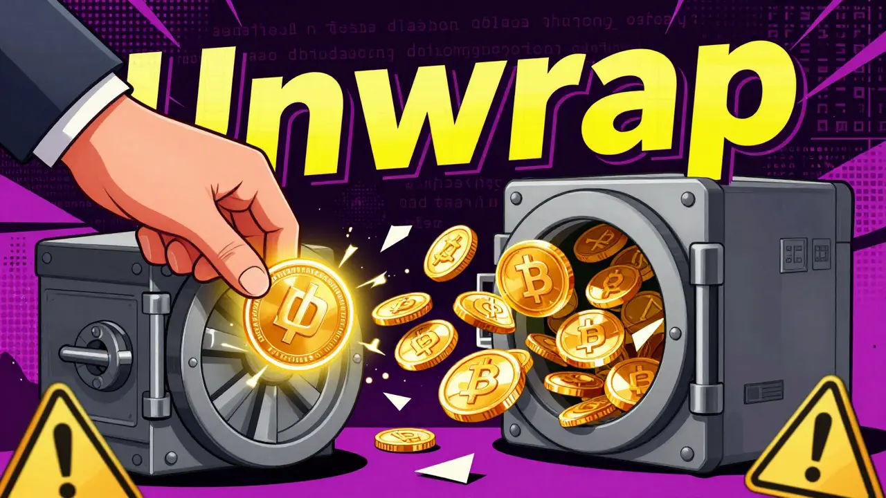 Déballage de wETH en ETH, avec des pièces dorées qui se reforment dans un fond géométrique.