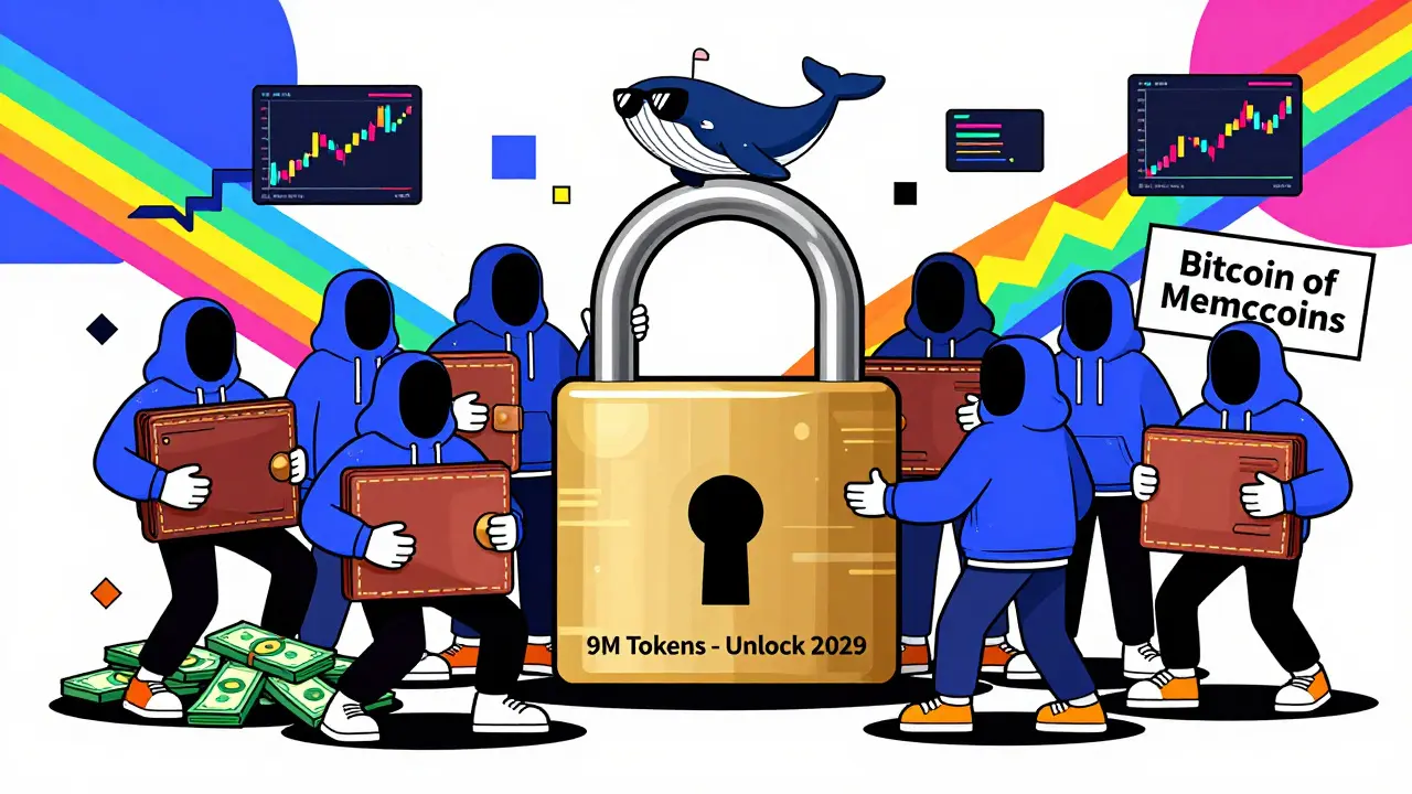 Des personnages anonymes entourant un cadenas géant marqué '9M tokens', avec des graphiques et un baleine crypto en arrière-plan.