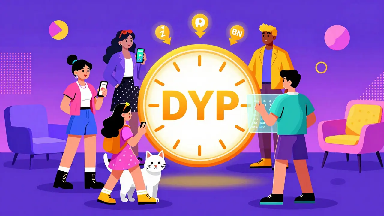 Des utilisateurs stylisés interagissant avec un jeton DYP en forme d'horloge, entourés de récompenses numériques.
